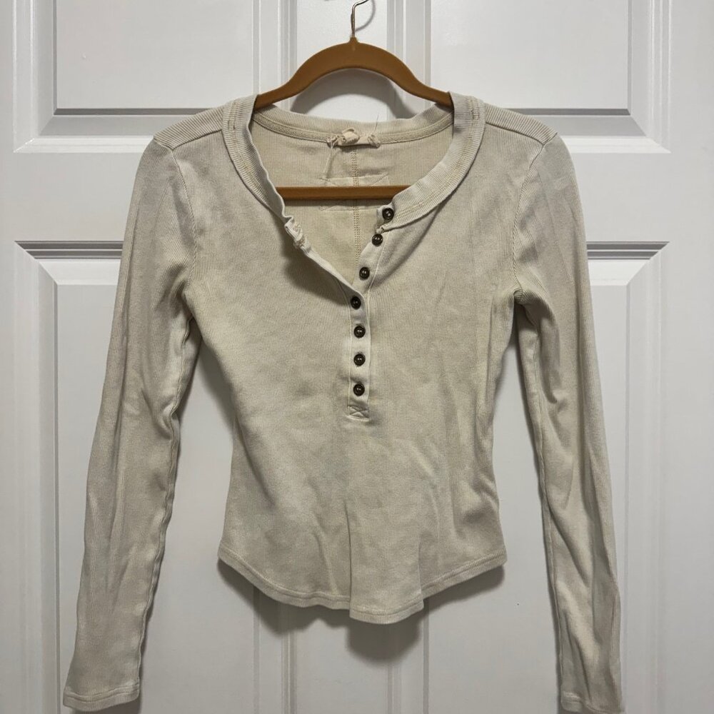 JOA Ribbed Henley Long Sleeve Top – Cream (Free People Style)